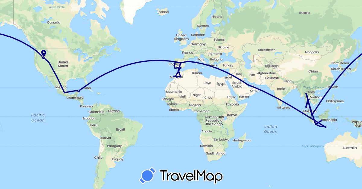 TravelMap itinerary: driving in Spain, Indonesia, Morocco, Mexico, Portugal, Qatar, Singapore, Thailand, United States (Africa, Asia, Europe, North America)